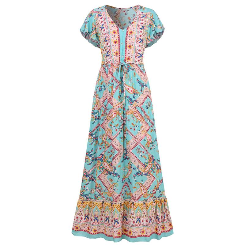 Casual Dresses Summer Women Printed Boho Long Maxi Dress Short Sleeve Kaftan Beach Sundress Bohemian Style Ladies