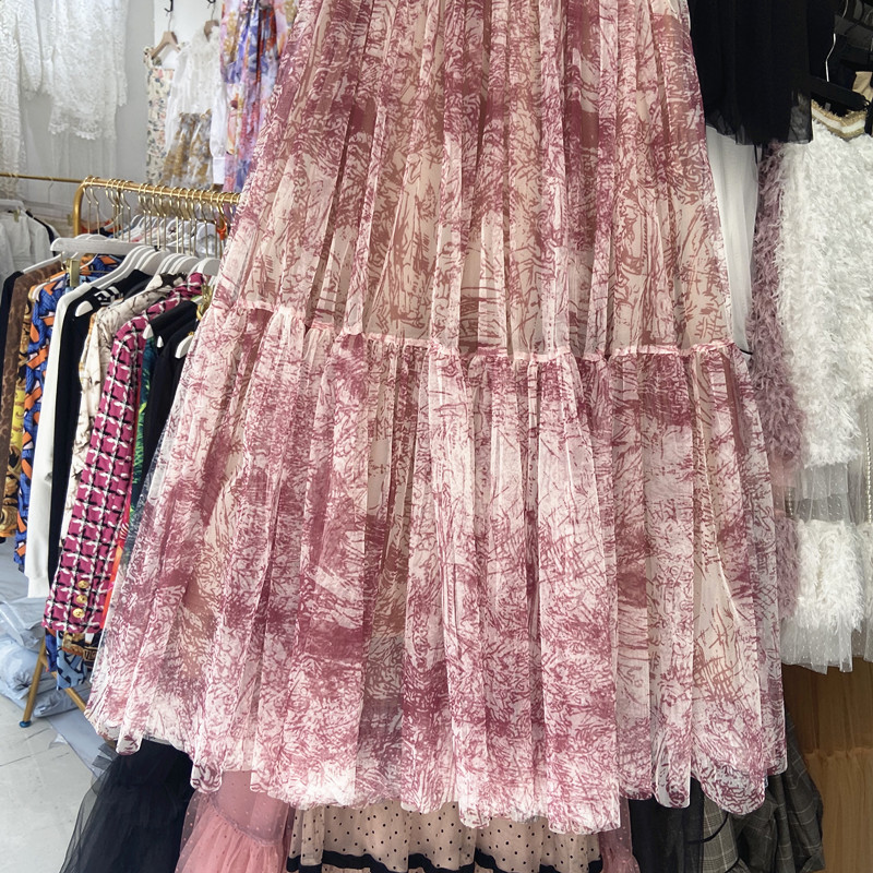Autumn winter New design womens high waist layered gauze fabric print floral maxi long ball gown skirt plus size SML