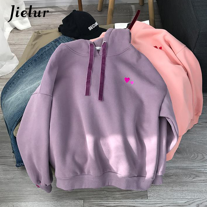Jielur Heart Embroidery Women's Sweatshirt Hooded Winter Loose Kpop White Hoodies Female Fashion Casual Sudadera Mujer M-XL T200407