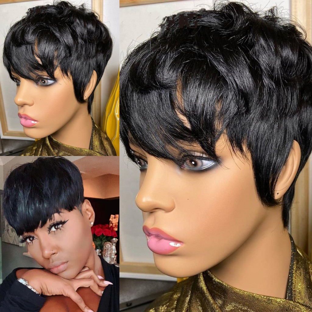 150% High Ratio Pixie Cut Wig Natural Black Color Short Human Hair Glueless Brazilian Remy Hair Wigs for women