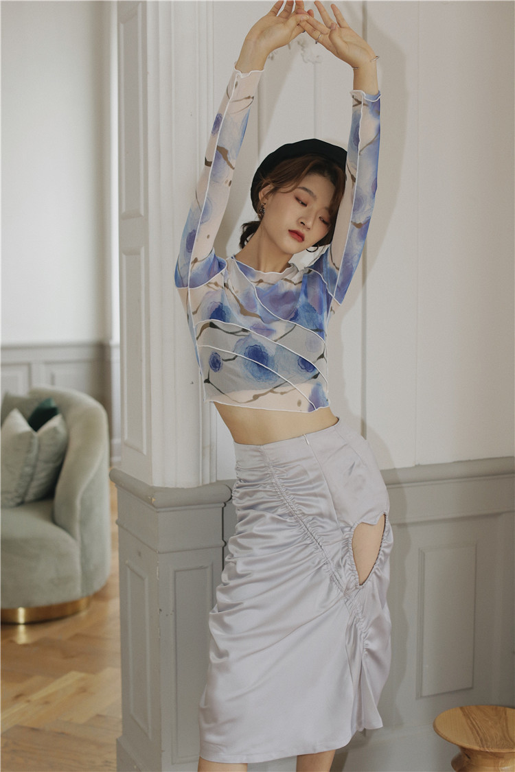 CHEERART Mesh Crop Top Long Sleeve T Shirt Women Printed Tshirt Transparent Ladies Tight Top Patchwork Summer Fashion 210310