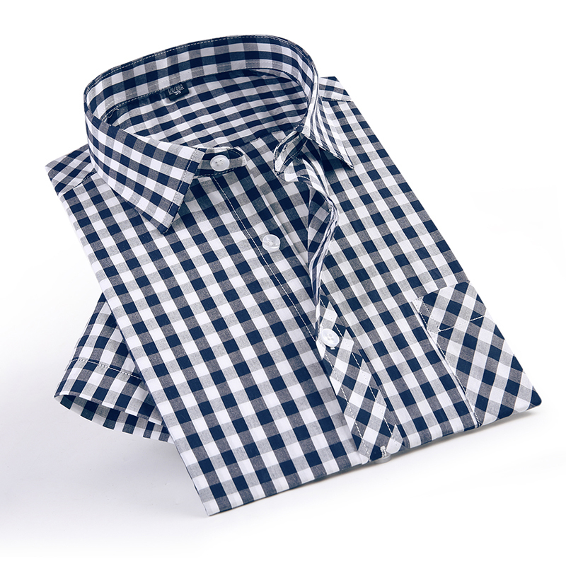 Summer Short Sleeve Plaid Shirts Fashion Men Business Casual Shirts square collar Cotton loose fit Shirts with front pocket T200505