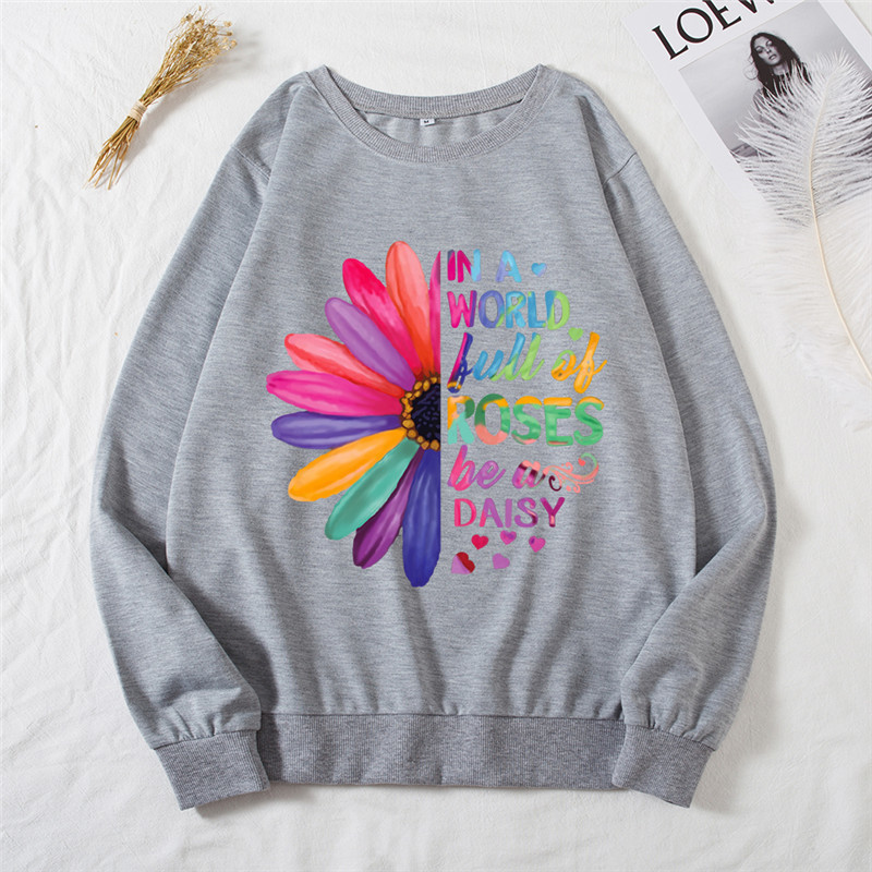 New Daisies Print Sweatshirt Kpop Hoodies Women Pink Tops Pullover O-Neck Sweatshirts Winter Clothes Women Long Sleeve Shirts 201102