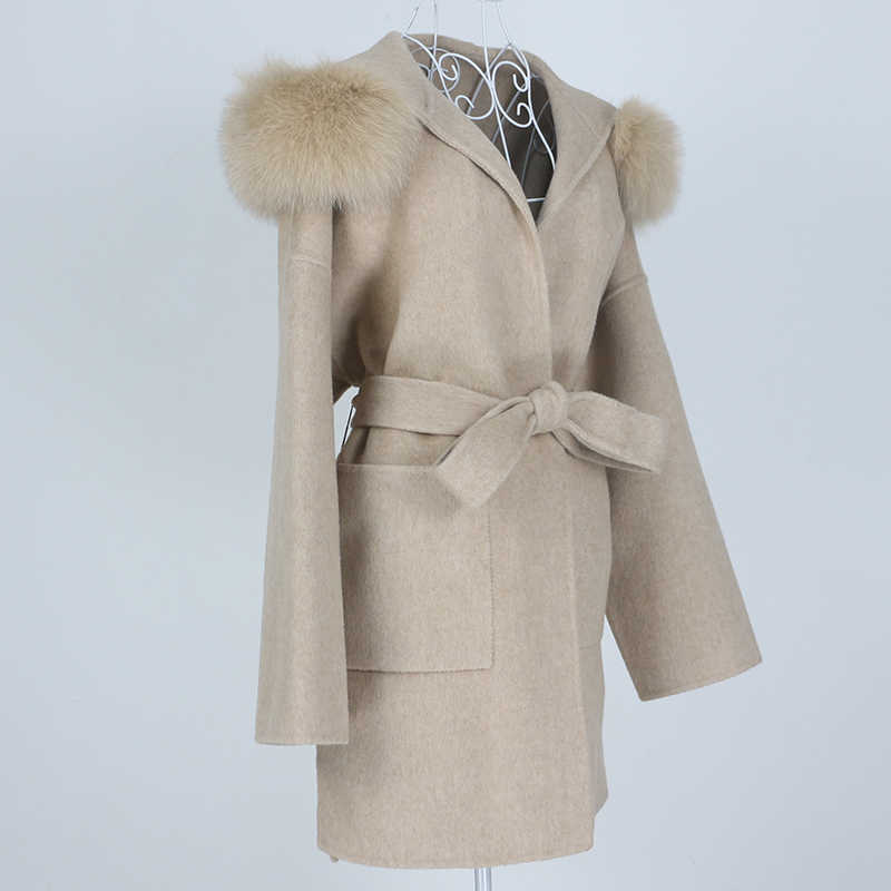 OFTBUY Oversize Loose Cashmere Wool Blends Real Fur Coat Winter Jacket Women Natural Fur Collar Hood Outerwear Belt 211013