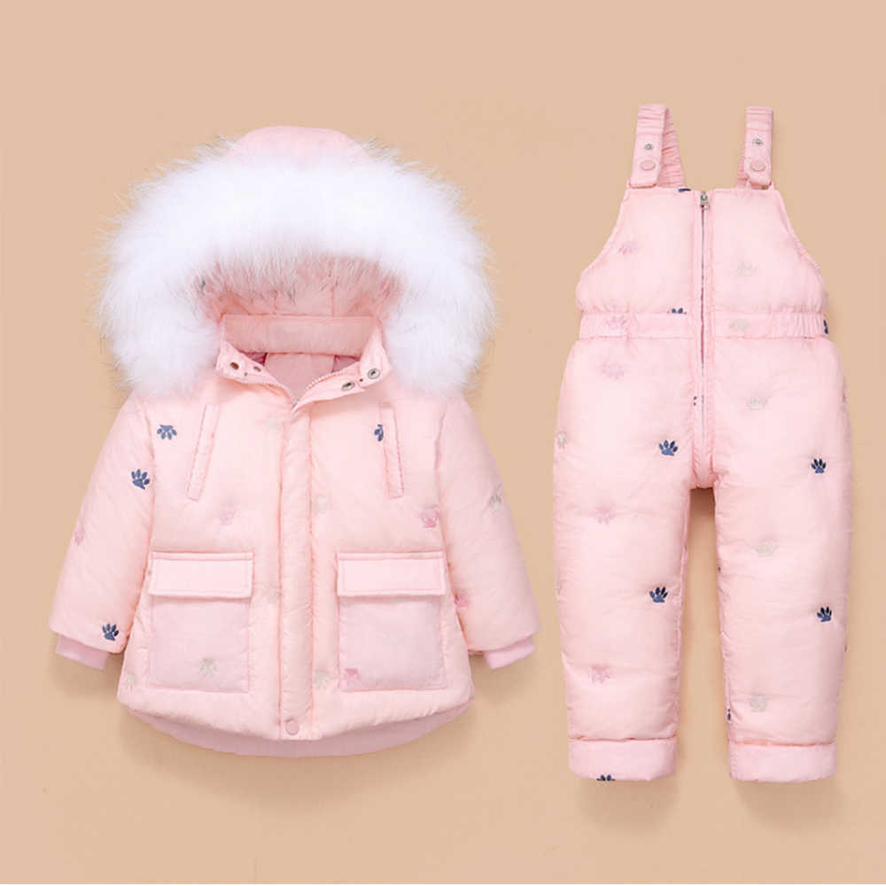 Mudkingdom Baby Girls Winter Down Snowsuit Set Embroidery Overalls Fur Hood Toddler Year Clothing 210615