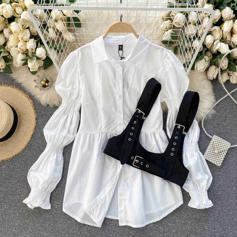 Chic Women Fashion White Long Sleeve Lapel Shirt + High Waist Vest Two-piece Sets R653 210527