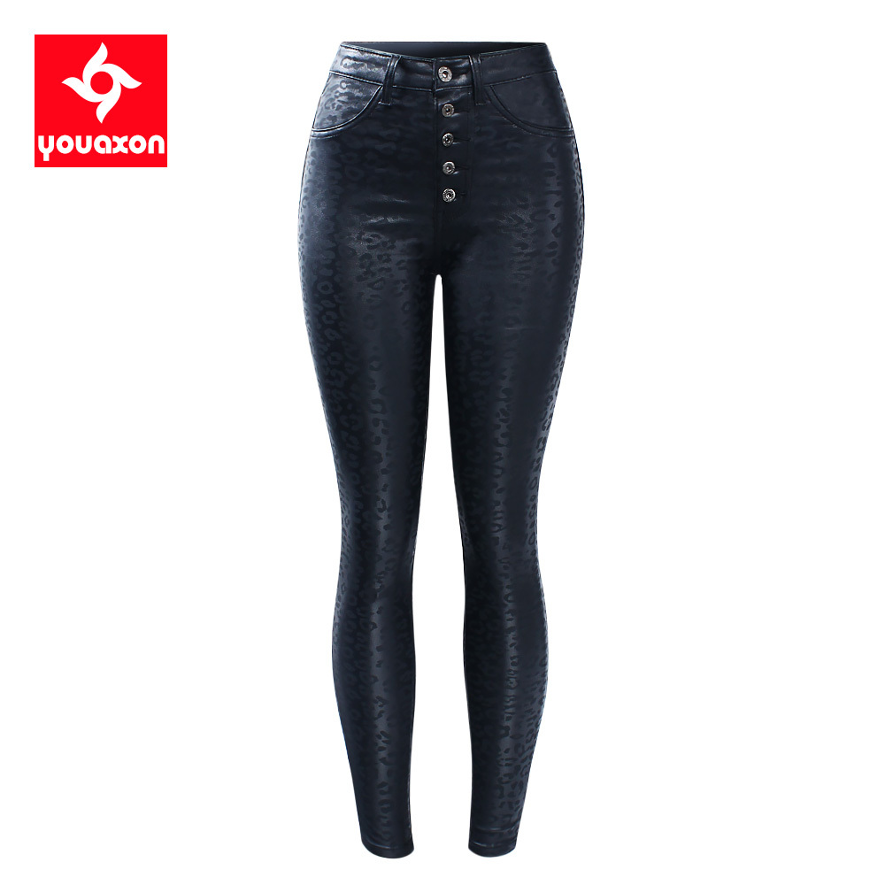 2218 Youaxon EU Size High Waist Black Leopard Pattern PU Jeans Woman Stretch Skinny Denim Jean Pants Plus Size Jeans For Women 210222