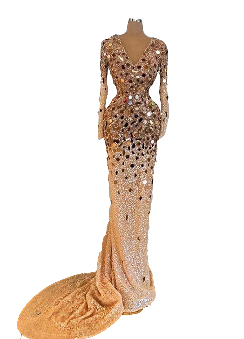 Urious Gold Sequined Lace Prom Dresses Wear Crystal Beaded Sequins African Dubai V Neck Long Sleeves Mermaid Evening Vintage Formal Party Pageant Gown