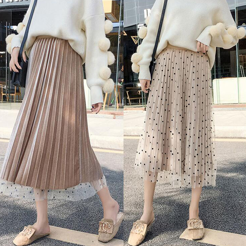 TIGENA Reversible Tulle Velvet Skirt Women Fashion Spring Elegant Polka Dot Long Skirt Female High Waist Pleated Midi Skirt 210306