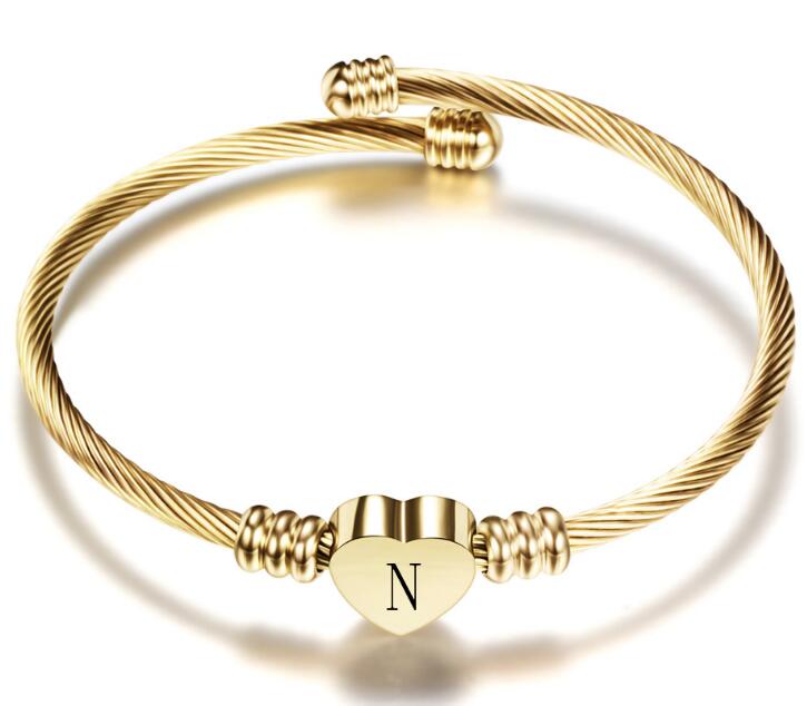 Gold Color Stainless Steel Heart Bracelet Bangle With Letter Fashion Initial Alphabet Charms Bracelets For Women GC601