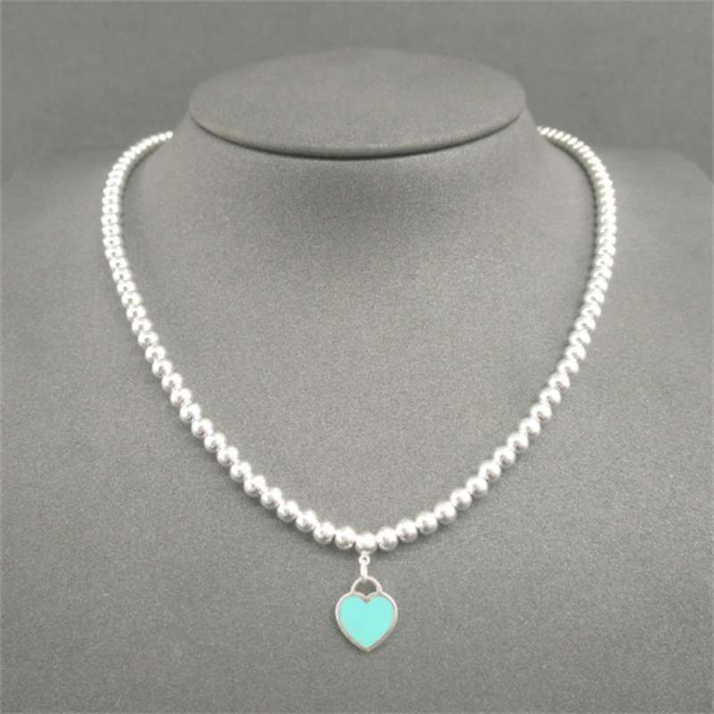 

S925 Sterling Silver Bead Necklace For Women Enamel Heart-shaped Pendant Original 1:1 Luxury Brand Jewelry Charm Tif 210929