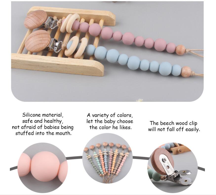 INS baby Safty Wooden Silicon Soothers & Teethers Circle Beads Ball Design Health Care Teething Pacifier Anti-drop Chain Infant Suitable For 0-3Months