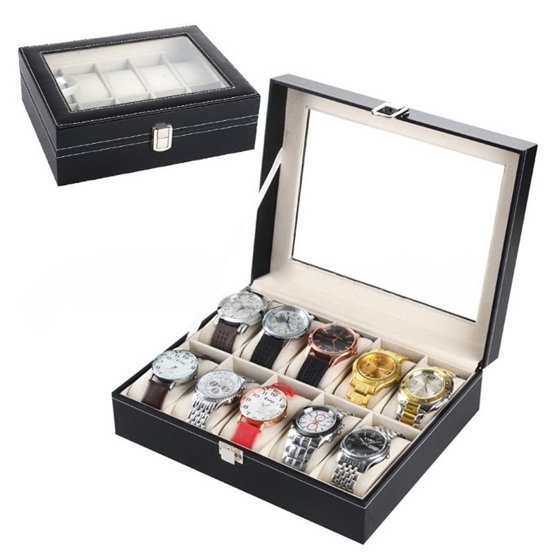 Fashion 10 Grids PU Leather Watch Boxes Storage Organizer Box Luxury Jewelry Ring Display Watch Case Black Display Case Box T20052