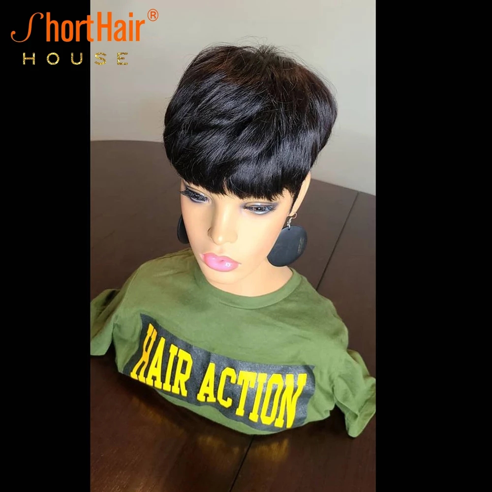 Free shipping 180density Ombre Red Short Bob Straight Wigs with Bangs Brazilian Virgin Pixie Cut Cheap Human Hair Wig for Black Women