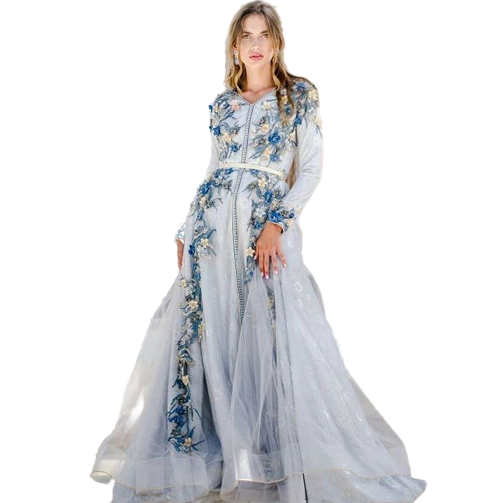 Elegant Kaftan Sky Blue A Line Formal Evening Dresses 3D Floral Lace Appliques Arabic Dubai Moroccan Muslim Long Sleeves Celebrity Party Gowns Prom Dr