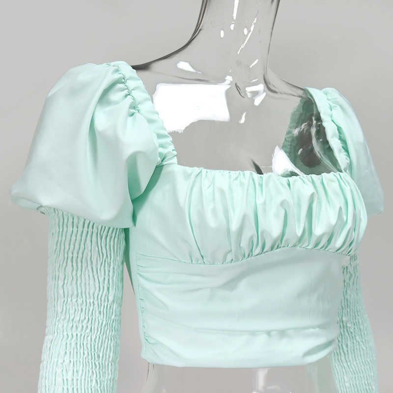 Colysmo Cropped Tops Blouse Women Autumn Solid Color Vintage Square Collar Long Flared Sleeves Pleated Wrinkled Blusas Mint 210527