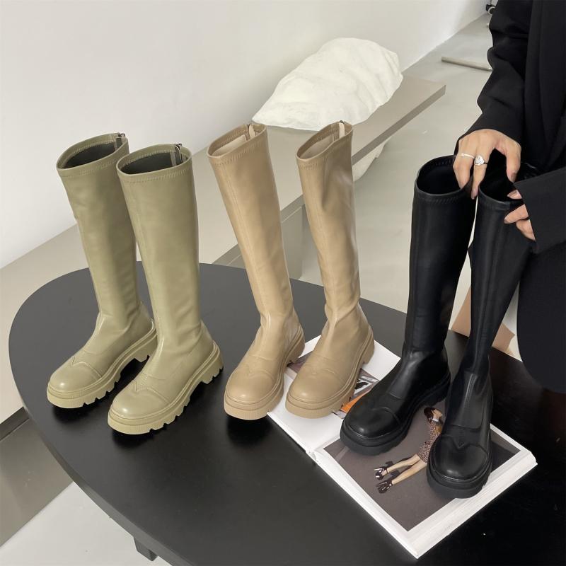 Boots Med Heel Women's Rubber Shoes Rain Zipper Boots-Women Round Toe Rock 2021 Over-the-Knee Ladies Fabric Western Flock Solid