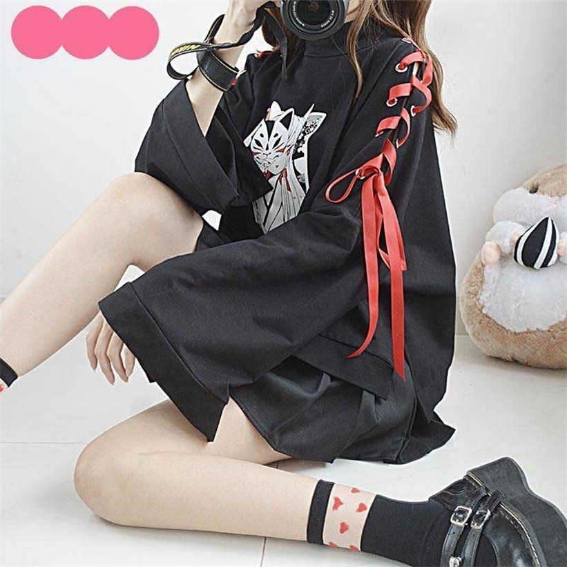 NiceMix Japanese Lolita Vintage Harajuku Anime Fox Print Lace-up Long Sleeve Hoodie Shirts Dark Girl Punk Street Sweatshirt Tops 201211