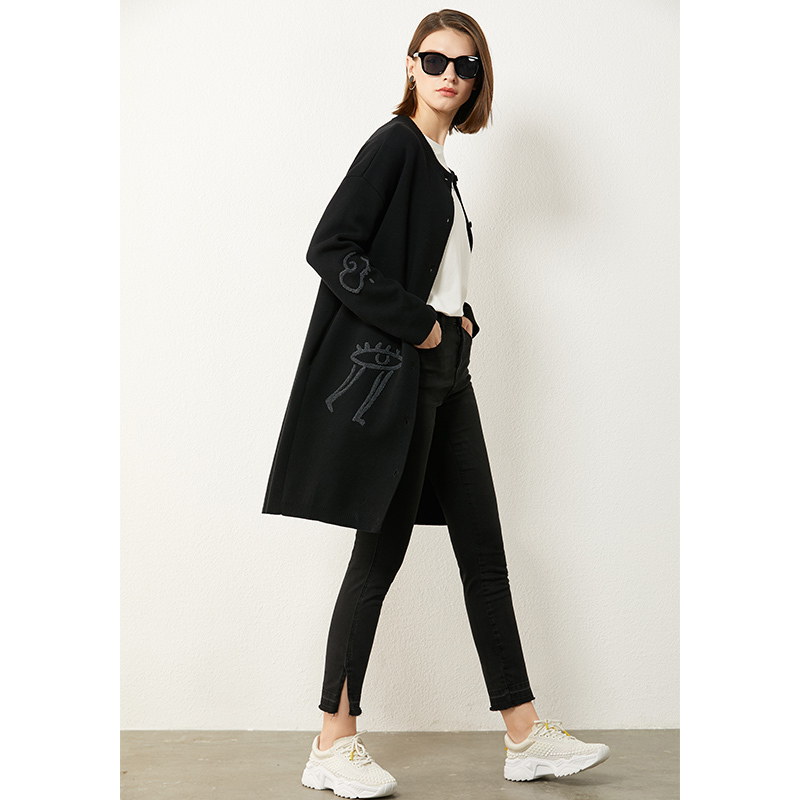 AMII Minimalism Autumn Winter Fashion Embroidery Women Cardigan Solid Oneck Knitted Singlebreasted Female Coat 12040788 201019