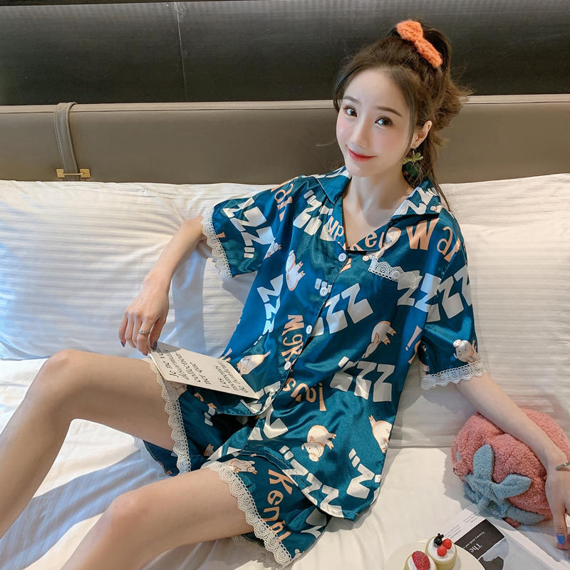 lady's sleepwear summer short sleeve thin section sweet student leisure lovely imitation silk home dress set, White
lady's sleepwear summer short sleeve thin section sweet student leisure lovely imitation silk home dress set, White