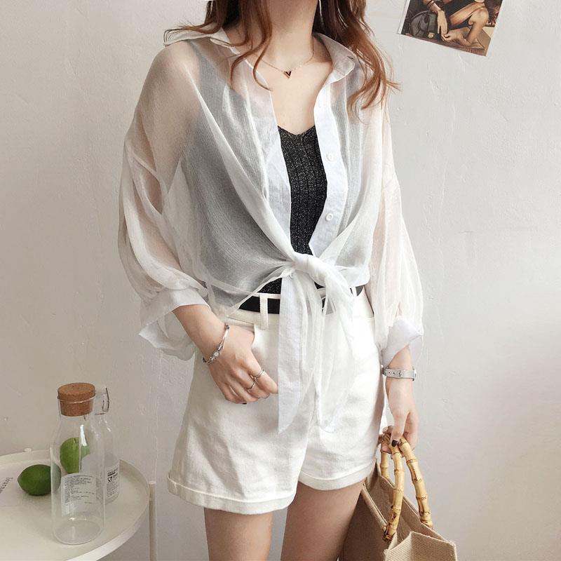 Heliar Black Chiffon Shirts Women Blouse With Buttons V-Neck Tied Up Tribal Blouse Short Office Lady Shirts Women Summer 210225