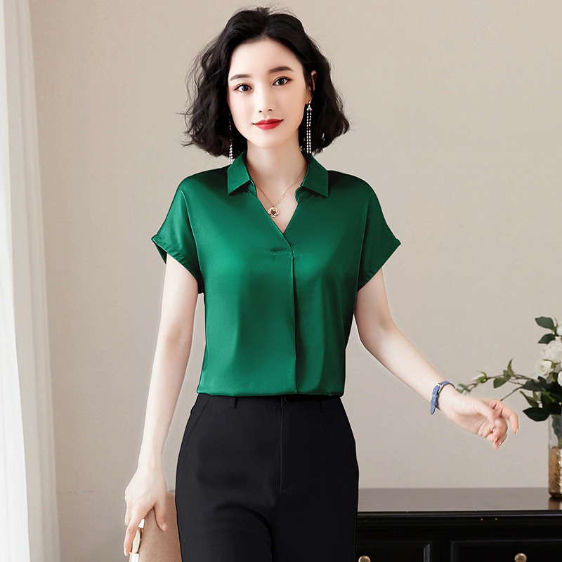 Korean Fashion Silk Women Blouses Satin Solid Short Sleeve Pink Women Shirts Plus Size XXXL Womens Tops and Blouses 210225