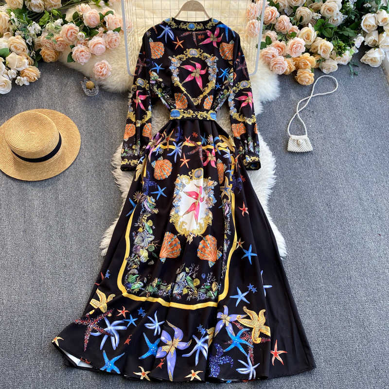 DEAT Spring Autumn Arrivals Print V-neck Long Sleeve Vintage Fashion Temperament Style A-line Midi-long Dress MZ479 210709