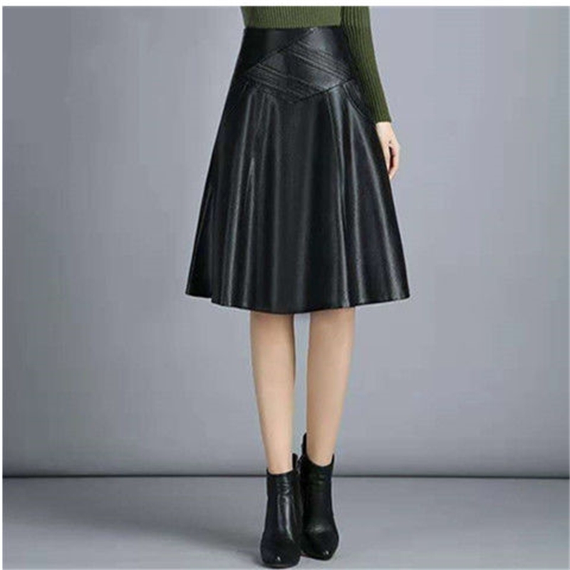 High Waist Leather Sheepskin A-Line Skirts Elegant Black Skirt Korean Womens Female Indie Folk Knee Length Ladies Office Skirt 210306