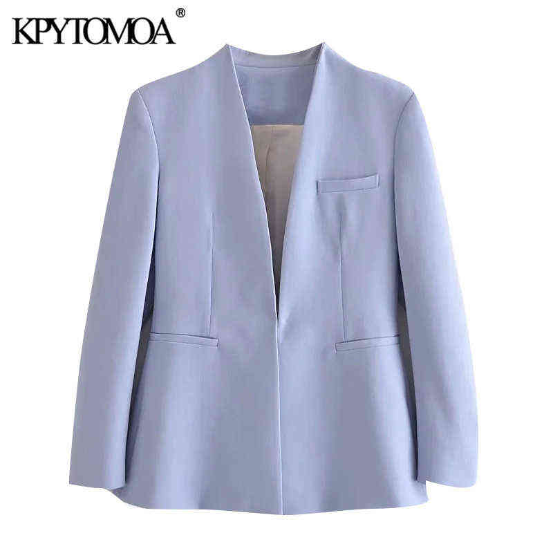 KPYTOMOA Women Fashion Office Wear Collarless Blazer Coat Vintage Long Sleeve Welt Pockets Female Outerwear Chic Veste 211122
