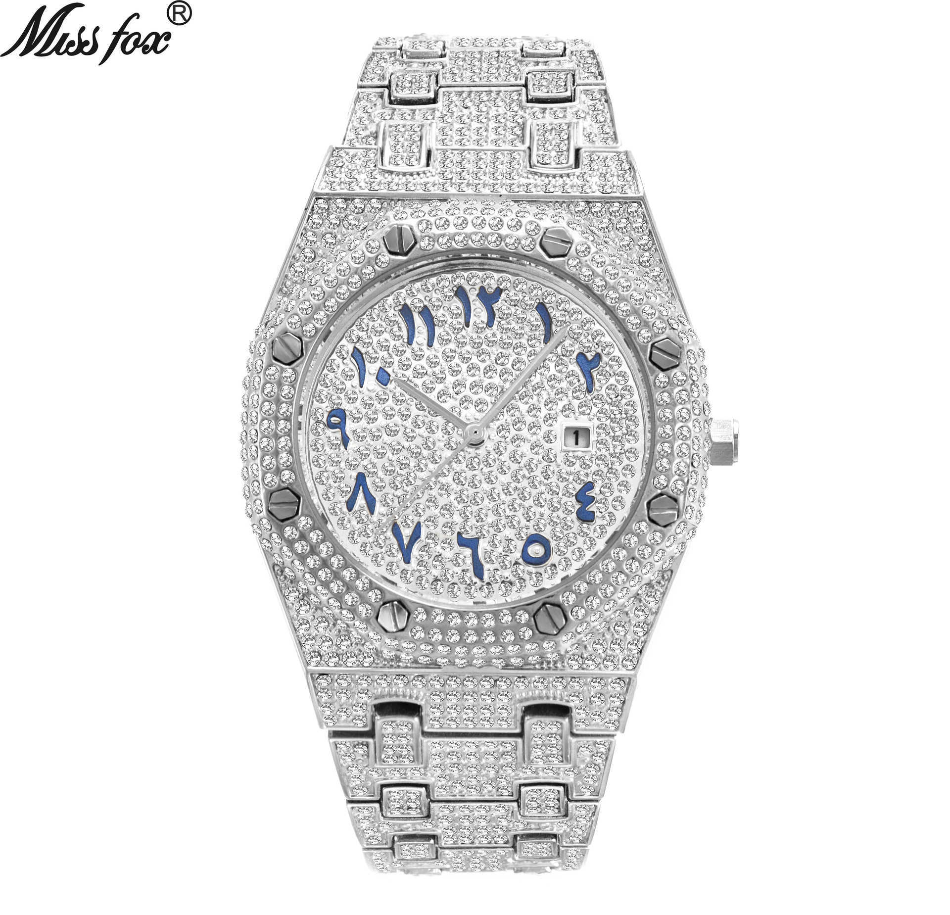 Missfox watch brand hip hop high end full diamond waterproof calendar men's Watch, Silver
Missfox watch brand hip hop high end full diamond waterproof calendar men's Watch, Silver