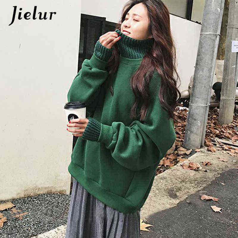 Jielur Korean Style Oversized Hoodies Female Winter False Two Pieces Turtleneck Women's Sweatshirt Loose Thick Fleece Pullovers 211109