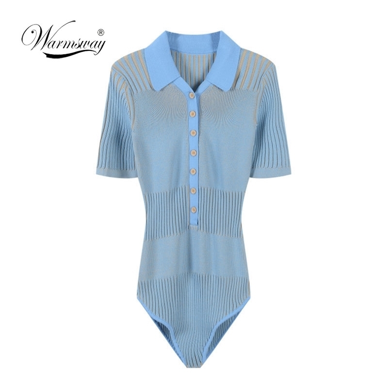 90'S Vintage Knitting Contrast Color Open Lapel Short Sleeve Bodysuit Women Short Jumpsuit Slim Fit Rompers Playsuits C-123 210310