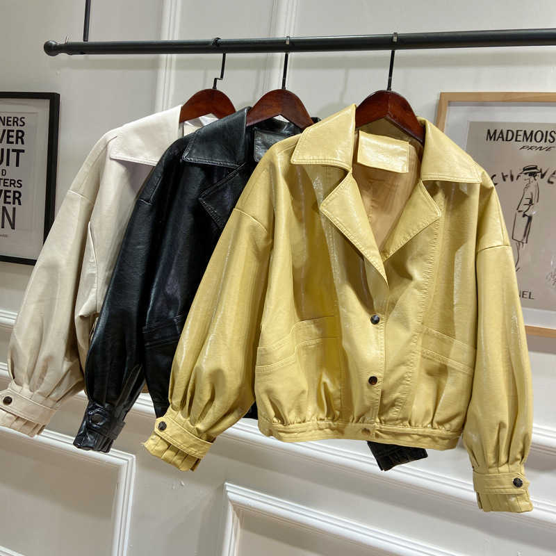 LY VAREY LIN Autumn Women Faux Leather Jacket Loose Style Vintage Batwing Sleeve Biker Coat Punk 210526