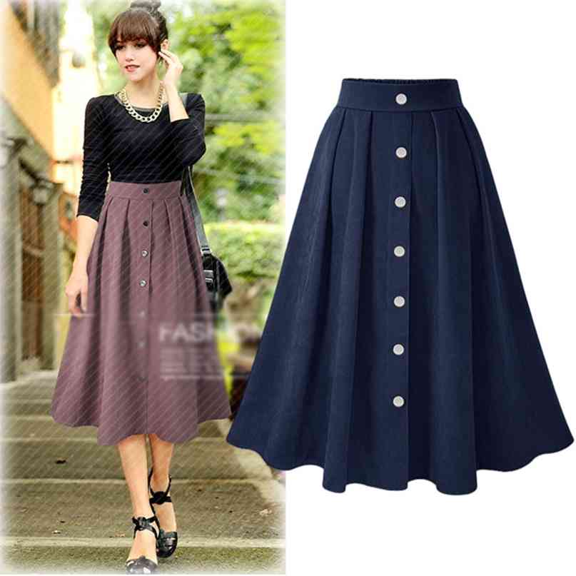 Women Pleated Skirts Button High Waist Elastic Mid Skirt Korean Style Female Fashion Spring Autumn Winter Bottom 210607