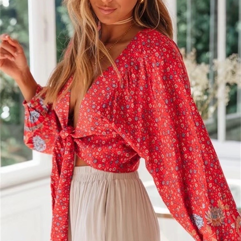 New Women Bohemia Sun Flower Print Kimono Shirt Loose Long Sleeve V-Neck Lacing Up Tie Bow Cardigan Blouse Femme Blusas 210225