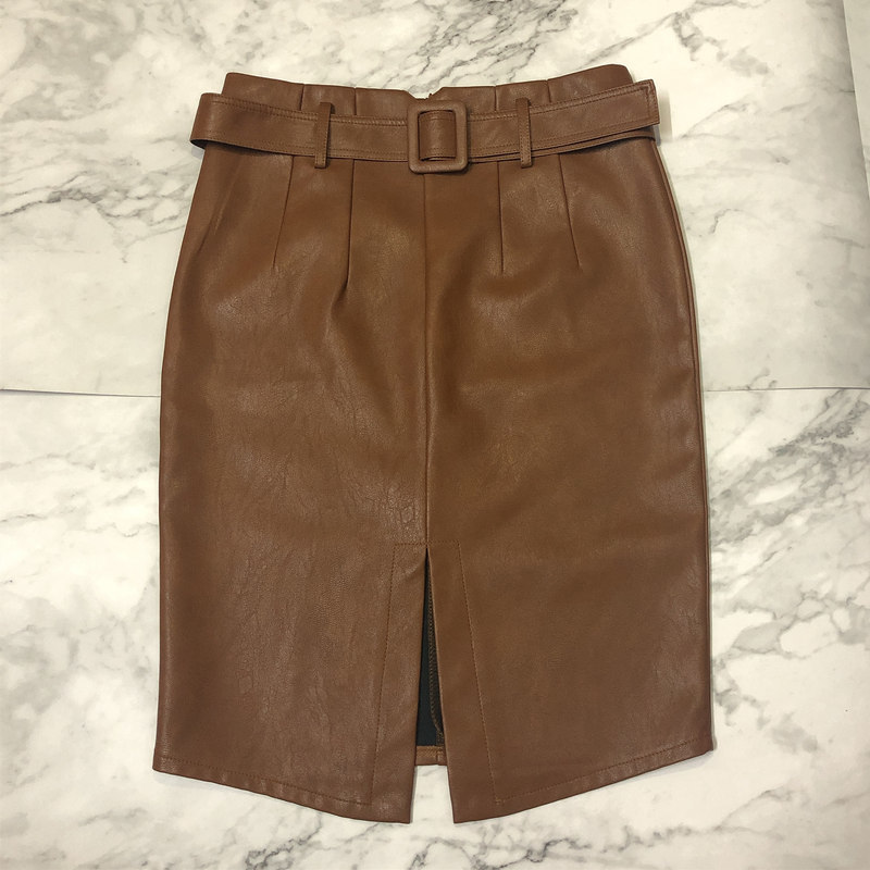 Tom Hagen Autumn Winter Elegant Pencil Midi Skirts High Waist Black PU Leather Split Sheath Wrap with Belt Female 210428