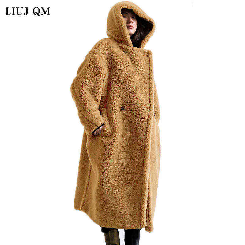 Teddy Bear Winter Clothes For Women Black Belted Wool Coat Hooded Long Parkas Female Warm Oversized Jacket Fur Coats 211123