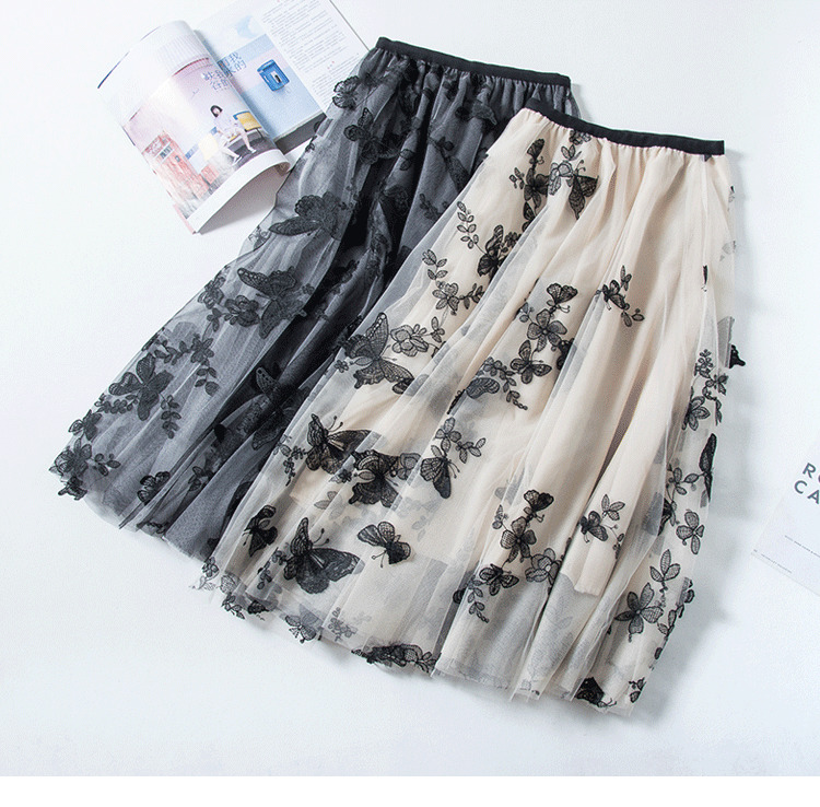 High quality Embroidery skirts womens Summer autumn vintage Ol elegant retro midi skirts women Butterfly Mesh Long Skirt 210306