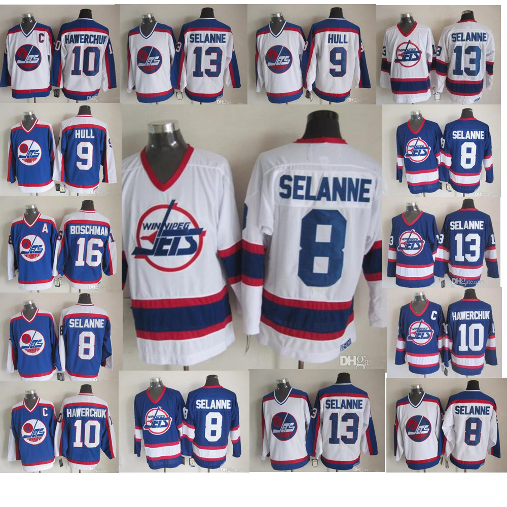 Vintage Winnipeg Jets Jersey 13 Teemu Selanne 10 Dale Hawerchuk 9 Bobby Hull 8 Laurie Boschman White Blue CCM Retro Hockey, As shown in illustration
Vintage Winnipeg Jets Jersey 13 Teemu Selanne 10 Dale Hawerchuk 9 Bobby Hull 8 Laurie Boschman White Blue CCM Retro Hockey, As shown in illustration