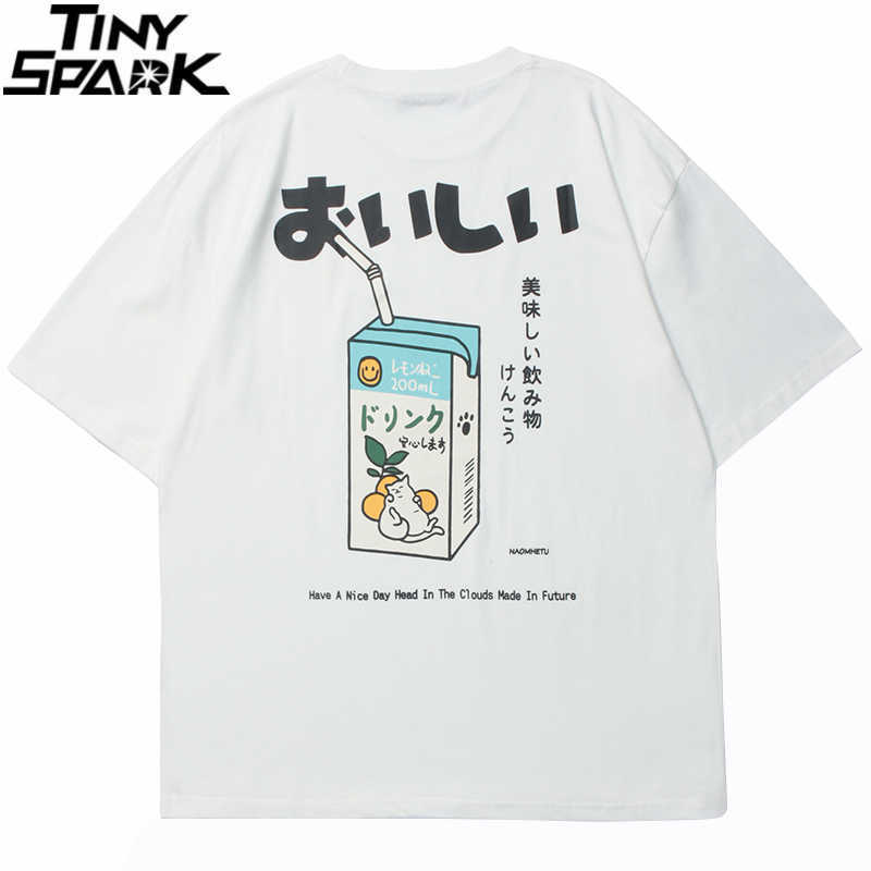 Hip Hop Tshirt Men Japanese Kanji Letter Drink Print Embroidery T Shirt Streetwear Harajuku Summer Short Sleeve T-Shirt 210707