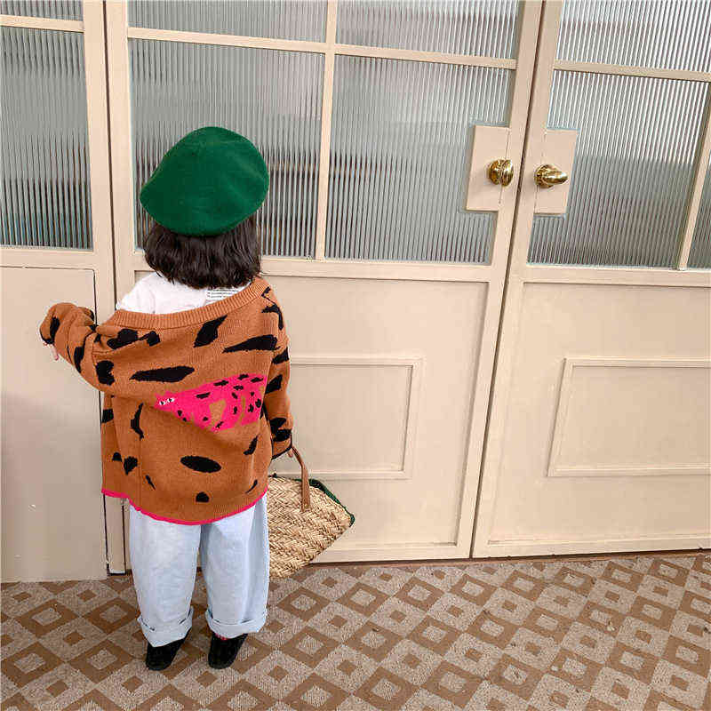 Girls cute leopard cartoon knitted cardigans Korean style children loose soft casual V-Neck Sweaters 211104