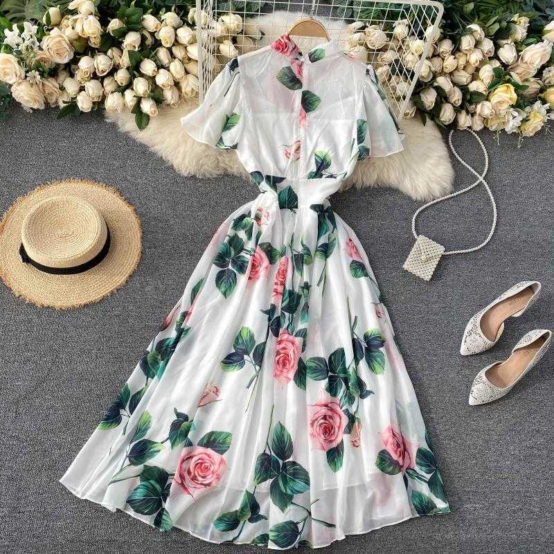 Fashion Elegant A-line Dress Women Bow Neck Print Sweet Lace Up Holiday Vintage Clothes Vestidos De Mujer Q638 210527