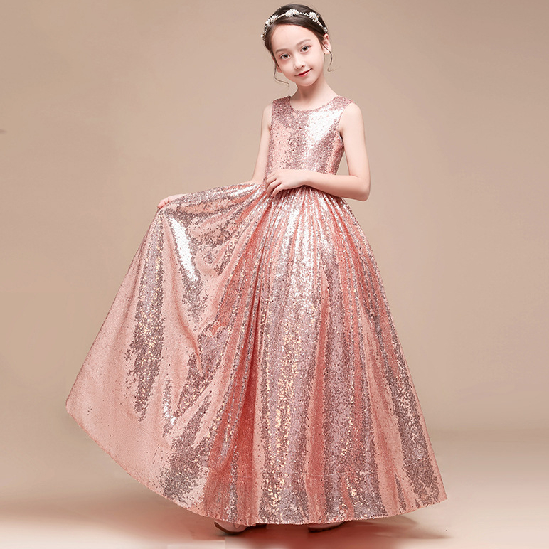 Gold Sequined Toddler Ball Gowns Girls Pageant Dresses Jewel Long Sleeves Formal Kids Party Gown long Flower Girl Dresses for Weddings