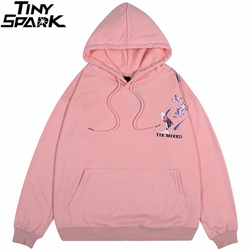 Mens Autumn Streetwear Hip Hop Hoodie Crane Floral Printed Sweatshirt Pink Cotton Fleece Loose Pink Hooded Pullover 201104