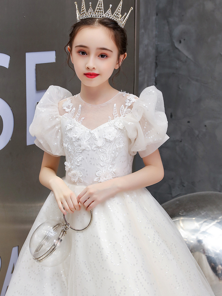 Vintage Flower Girls Dresses Sheer Neck Long Sleeve Hand Made Flowers Kids Formal Wear Hi Lo Satin Girl Dress For Wedding 403