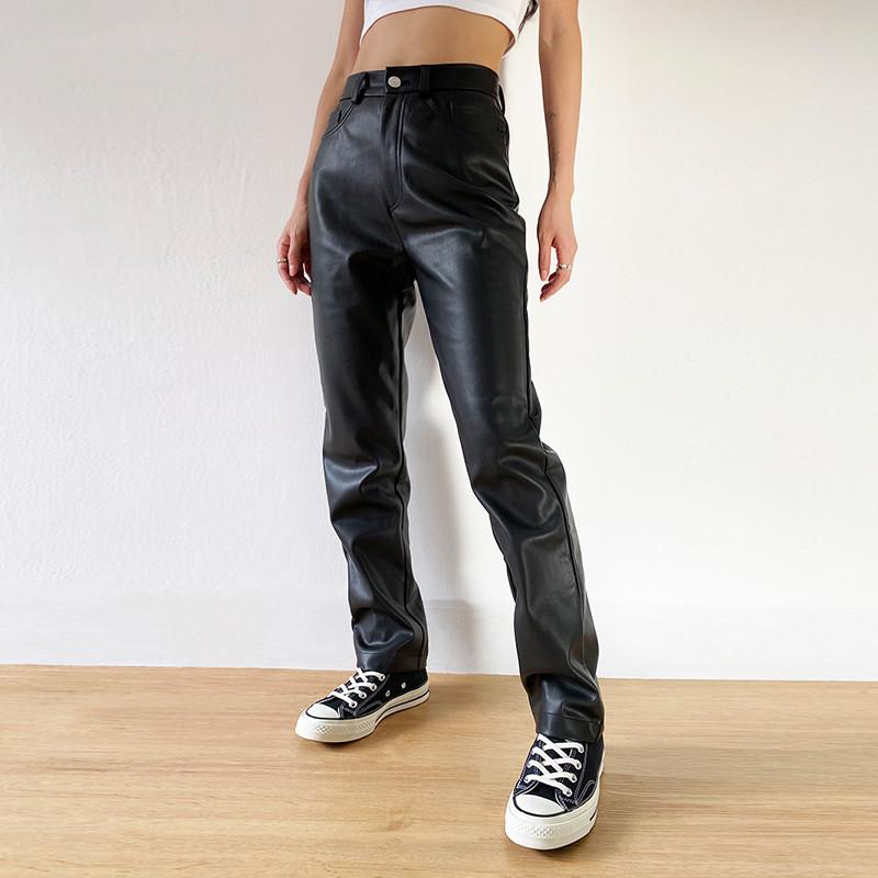 Women's Pants & Capris Straight Leg Casual Leather With Pockets Fashion Solid Color PU High Waist Trousers Button Access Control