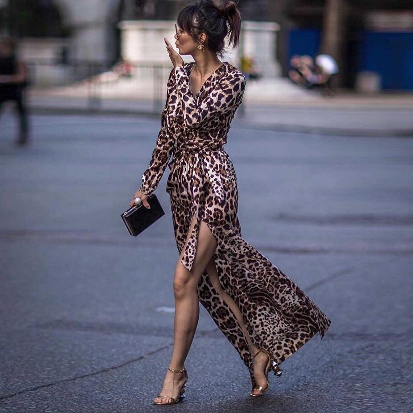 Women Dress V-neck Bandage Leopard Vintage Dresses Long Sleeve Plus Size Sexy Split Fashion 210524