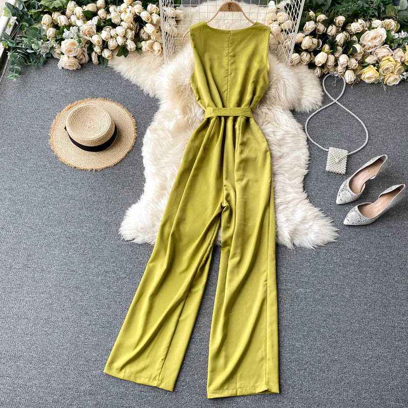 Korean Overalls Women's Fashion Round Neck Bandage Long Sleeve OL High Waist Casual Wide Leg Jumpsuits P745 210527