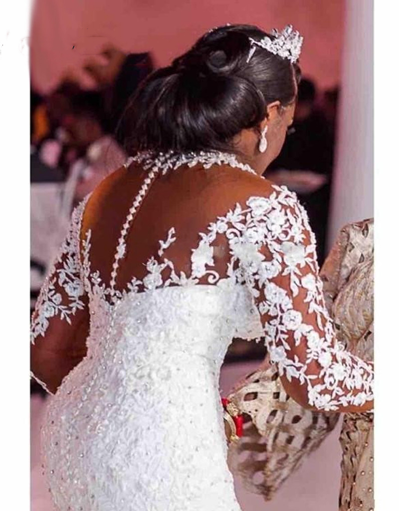 Vintage African Lace Mermaid Wedding Dress Crystals Beaded Appliques Tulle Long Sleeve Formal Bridal Gowns Buttons Sheer Back Long Train Bride Dresses