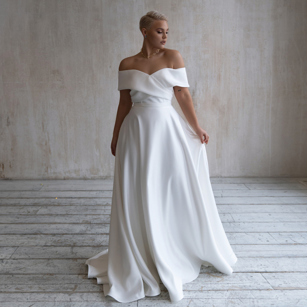 New Wedding Dress Plus Size 2021 Off The Shoulder Simple A Line Soft Satin Bridal Gown Sweep Train for Big Bride